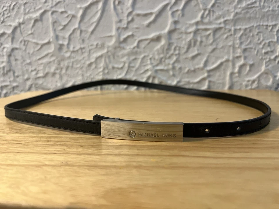 Michael Kors Black Leather Skinny Belt Silver Buckle 34.5” Women’s Designer - Image 1 of 4