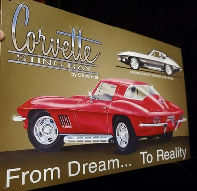NOS Vtg Corvette Sting Ray From Dream To Reality Metal Wall Sign USA 10" X 16" - Image 1 of 3