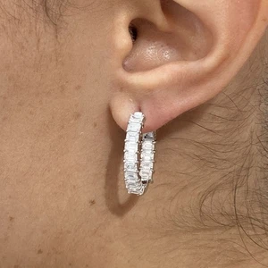 Diamond Hoop Earrings Emerald VS1 E-F 2.9 Carat Lab Created 14k White Gold - Picture 1 of 8