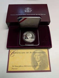 1993 S Thomas Jefferson 250th PROOF Silver Dollar Commemorative $1 Coin Box COA - Picture 1 of 2