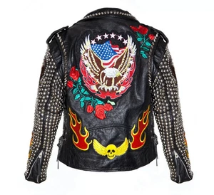 New Men's Black Punk Top Quality Silver Studded Cowhide Biker Leather Jacket - Picture 1 of 4