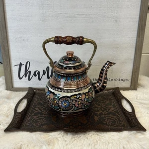 Turkish Hammered Copper Teapot Kettle & Tray Traditional Handmade Semaver Unique - Picture 1 of 23