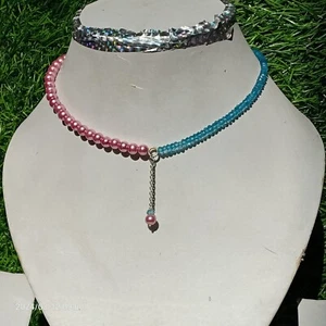 Smooth Pink Pearl and Blue Topaz Beads Necklace Beaded Jewelry Gift Her - Picture 1 of 6