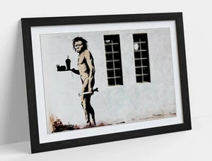 BANKSY FAST FOOD CAVEMAN -ART FRAMED POSTER PICTURE PRINT ARTWORK- GREY BLACK - Picture 1 of 10