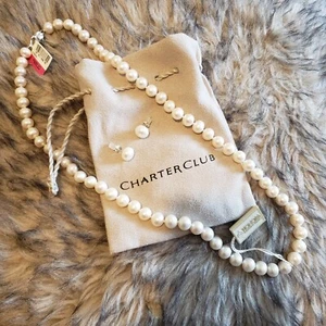 White CFWP 24" Pearl Necklace & Pearl Button Earrings - Picture 1 of 5