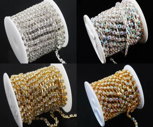 10 Yards Crystal Rhinestones Chain Trim Gold/Silver Base Sewing Craft Findings - Picture 1 of 11