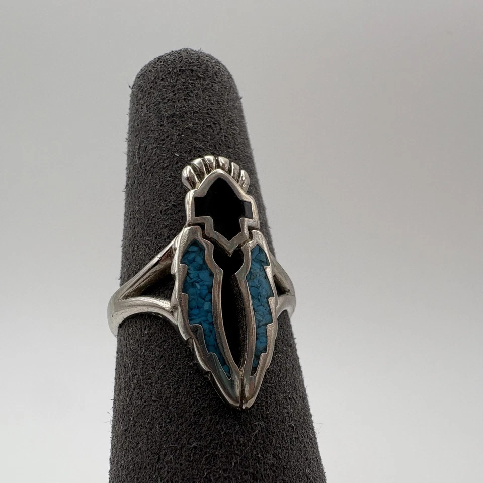 Anel de prata esterlina asas de motociclista turquesa preto ônix incrustado sudoeste tamanho 6 - Imagem 1 de 4