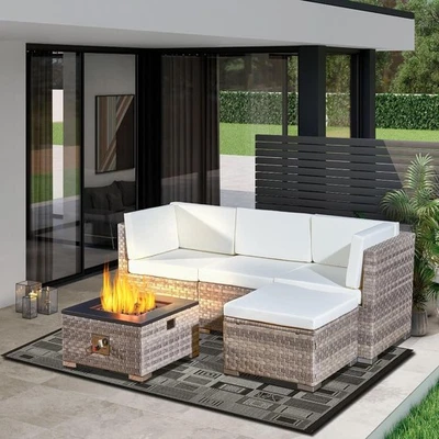 4-Piece Outdoor Rattan Sofa Set with Fire Pit Table Patio Garden Furniture Grey