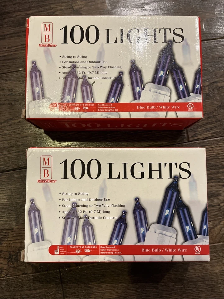 Novo Merry Brite 100 lâmpadas Natal Natal cor azul luzes de corda 32 pés fio branco - Imagem 1 de 1
