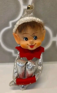 Vtg Elf on The Shelf Knee Hugger Silver Christmas Ornament Made in Japan - Picture 1 of 6