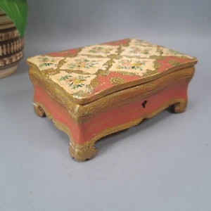 antique Italian hand painted Florentine wooden jewelry box no key floral red - Picture 1 of 16
