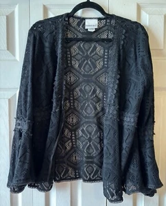 Crochet Lace Cardigan/Top Large Womens Boho Front Black Bell Sleeve - Picture 1 of 4