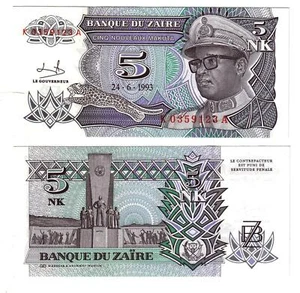 Banknote - 1993 Zaire, 5 Nouveaux Makuta, P48 UNC, Mobutu (F) Monument (R) - Bild 1 von 1