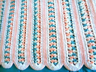 Knitted Blanket Queen Size 66 x 68 Inches handmade Orange Blue White Knitted - Image 1 of 4