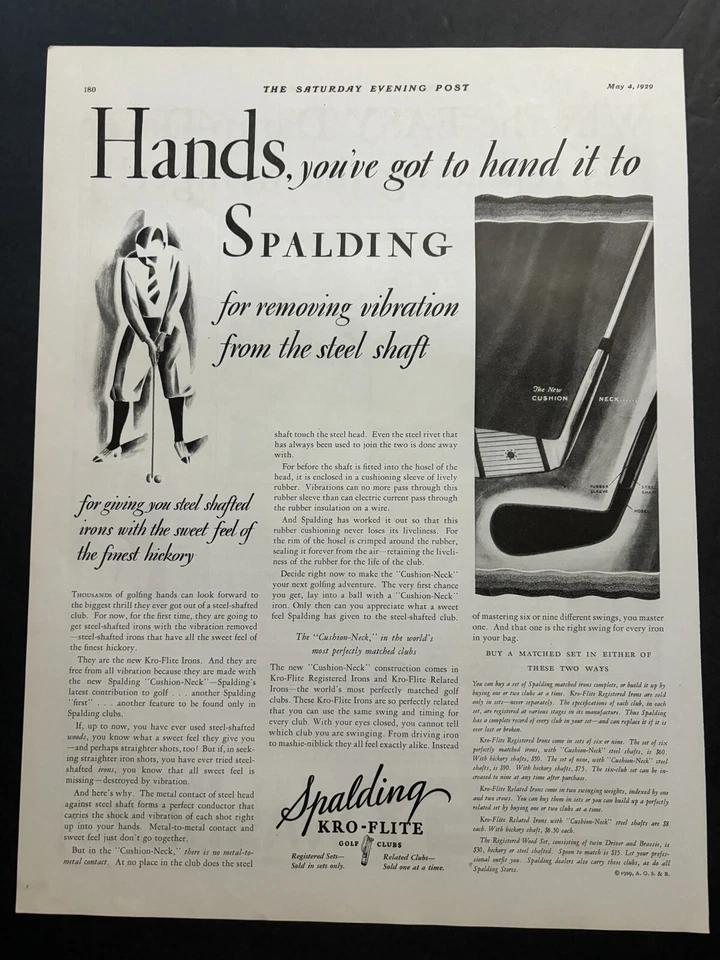 Palos de golf Spalding Kro-Flite varilla de acero manos hierros anuncio impreso vintage 1929 Foto 1 de 1