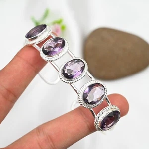 Purple Amethyst Gemstone 925 Sterling Silver Jewelry Adjustable Cuff Bracelet - Picture 1 of 7