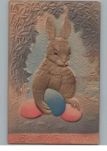 Easter Greetings Air Brushed Bunny with Giant Eggs Pink & Blue Postcard c1915 - Picture 1 of 2
