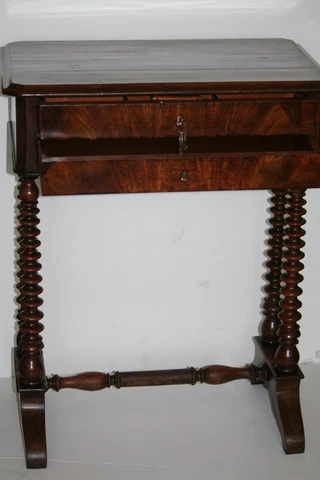 Victorian Sewing Table Walnut Veneer Case, Satinwood Drawers,  Spindle  Legs Cover