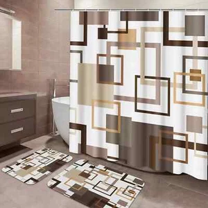 Geometric Shower Curtain Set Brown Bathroom Sets with Shower Curtain and Rugs, M - Picture 1 of 7