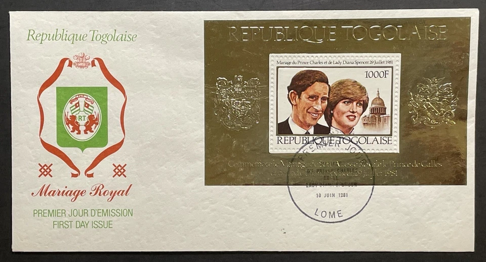 TOGO PRINCESS DIANA & PRINCE CHARLES ROYAL WEDDING GOLD STAMP FDC 1981 MNH - Image 1 of 1