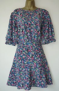 GEORGE BLACK PINK BLUE GREEN FLORAL PUFF SLEEVE TEA DRESS SIZE 22 - Picture 1 of 3