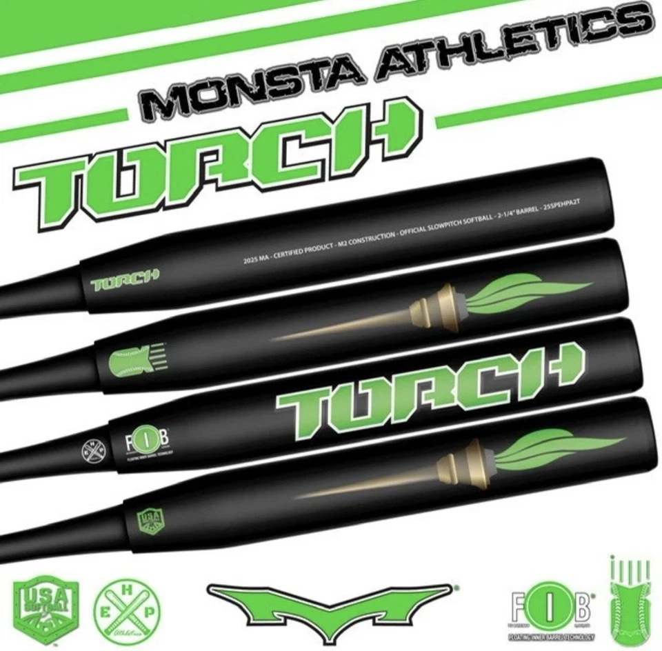 Bate de softbol lanzamiento lento ASA Monsta Green Foil Antorch M2 4500 rígido 25 oz nuevo con etiquetas 2025 Foto 1 de 1