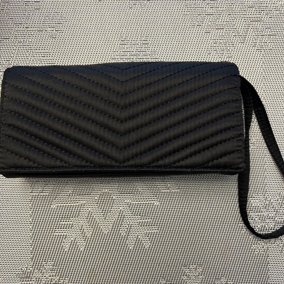 NEIMAN MARCUS Clutch Wristlet Evening Bag Purse Black Quilted Satin EUC - Image 1 of 4
