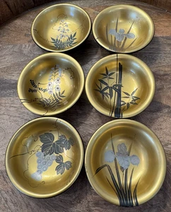 Set/ 6 Vintage Handpainted SAUCE Dishes Bowls Gold Black Oriental Asian MCM - Picture 1 of 11
