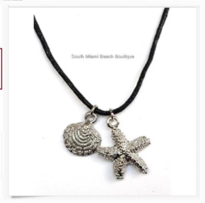 Sea Life Scallop Shell Starfish Necklace 22" Black Cord Silver Plated Island - Image 1 of 4