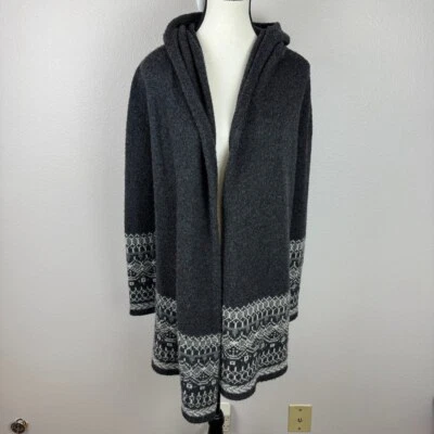 Kenar Womens Medium Gray Wool Blend Fair Isle Open Front Hooded Cardigan Sweater Foto 1 de 4