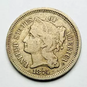 1874 Philadelphia Mint Three Cent Nickel Coin - Picture 1 of 2