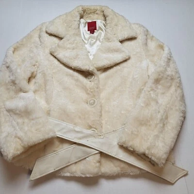 Espirit Sportswear Faux Fur Coat Womens M White Belt Button Front - Image 1 of 4