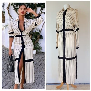 ZARA Cream White Black LONG STRIPED MIDI MAXI SHIRT DRESS SIZE S 8 - Picture 1 of 18