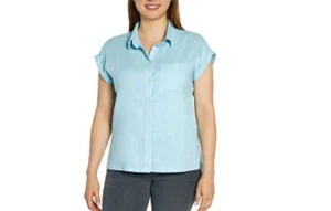 Orvis Women's Button-Up Short Sleeves Linen Blend Shirt, Blue, Large* - Picture 1 of 4