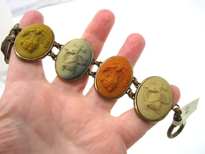 Estate Ornate Signed EXTASIA Colorful Cameo Grecian Bronze Toggle Clasp Bracelet - Picture 1 of 5