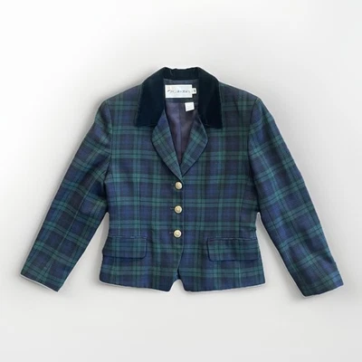 VTG Tartan Plaid Blazer 4P Jacket Blue Grn 100% Wool Dark Academia Equestrian - Image 1 of 4