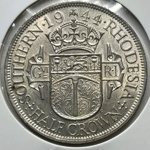 1944 Southern Rhodesia Half 1/2 Crown Silver Coin - Very Fine - George VI - Picture 1 of 2