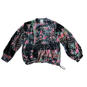 Johnny Was Rose Burnout Comisa Bluse Grau Blumen Samt Rosa Rosen Knopf XS - Bild 1 von 12