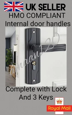 Matt Black Door Handles With Lock And 3 Keys HMO Compliant  - Image 1 of 3