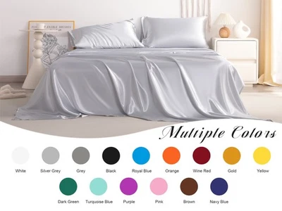 Juego de sábanas de seda satinada brillante de 4 piezas sábanas de bolsillo profundo resistentes a la decoloración de arrugas Foto 1 de 4