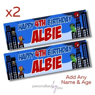 MADVINYL 2x Personalised SUPERHERO Theme Birthday Banner LARGE Poster ADD ANY NAME AGE