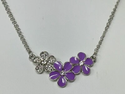 Hermoso Collar Tono Plateado Lavanda Púrpura Esmalte Estrás Flor 19" Foto 1 de 4
