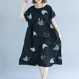 Plus Size Women Loose Dress Cute Cartoon Cat Print O Neck Raglan Short Sleeve - Picture 1 of 6