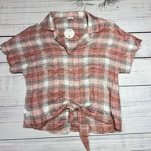 En Creme Pink gray Plaid Cropped Shirt Knot Tie Front Short Sleeve Rayon M NWT - Picture 1 of 9