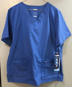 Landau Essentials Women's Relaxed Fit 4-Pocket V-Neck Scrub Top • Large • Blue - Picture 1 of 10