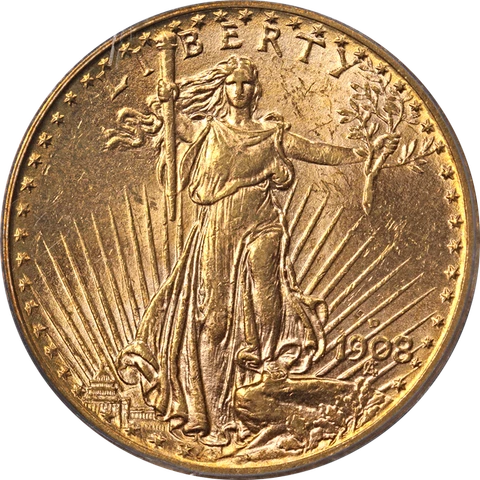 1908-D Saint-Gaudens Gold $20 No Motto PCGS MS63 Great Eye Appeal Strong Strike Cover