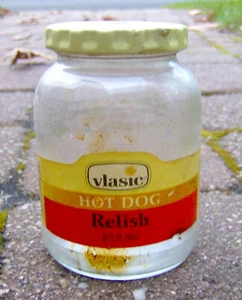 RARO barattolo di vetro vintage anni '70 VLASIC HOT DOG RELISH VECCHIO IMBALLAGGIO ALIMENTARE PRODOTTO - Foto 1 di 2