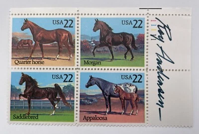 *ARTIST SIGNED* US Plate Block of 4 Stamps #2155-2158, Horses, Roy Andersen, MNH - Image 1 of 3
