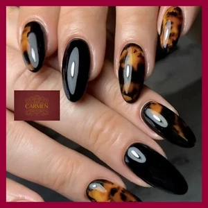 FALSE NAILS ALMOND LEOPARD NAILS BLACK GLOSSY FRENCH TIPS - Picture 1 of 2