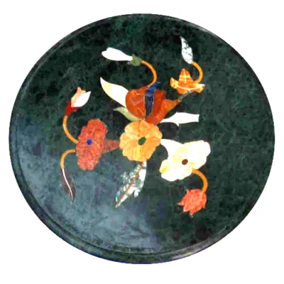 Tavolo rotondo in marmo nero con fiori intarsiati multicolore - geometrico fatto a mano - Immagine 1 di 4